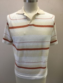 Mens, Polo Shirt, N/L, Cream, Rust Orange, White, Nylon, Stripes - Horizontal , L, Knit, Short Sleeves, Collar Attached,