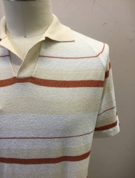 Mens, Polo Shirt, N/L, Cream, Rust Orange, White, Nylon, Stripes - Horizontal , L, Knit, Short Sleeves, Collar Attached,
