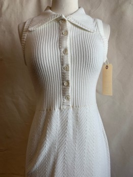 NL, White, Acrylic, Solid, Knit Maxi, Sleeveless, Button Placket, Collar Attached, Ribbed Tip, Chevron Eyelet Skirt, Early 70's