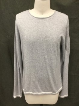 Mens, Pullover Sweater, MARTIN GORDON, Lt Gray, Cotton, Cashmere, Heathered, M, Scoop Neck, Long Sleeves, White Stripe Hem/Cuff Trim  * Small Hole in Collar*