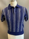 SAKS FIFTH AVE, Navy Blue, Cream, Wool, Stripes - Vertical , Short Sleeve Polo, 3 Button Front, Solid Navy Collar Attached,