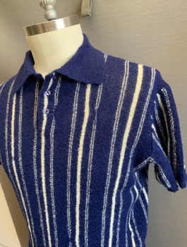 SAKS FIFTH AVE, Navy Blue, Cream, Wool, Stripes - Vertical , Short Sleeve Polo, 3 Button Front, Solid Navy Collar Attached,