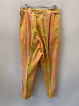 Womens, Pants, JOAN OF ARC, Coral Pink, Yellow, Cotton, Plaid, W28, High Waisted, Side Zipper, 2 Pockets, Slit at Hem, Pegged, Little Staining Right Butt Cheek, Small Hole Right Hip