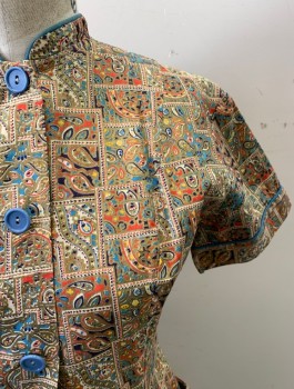 FRANKLIN, Orange, Multi-color, Cotton, Squares, Paisley/Swirls, Mandarin/Nehru Collar, S/S, Light Blue Button Front, 2 Pockets, 4 Buttons at Back Waist, Orange, Gold, Deep Purple, Light Blue Squares with Paisley Pattern, Light Blue Pipe Trim *Missing 1 Blue Bttn., See Picture*