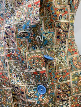 FRANKLIN, Orange, Multi-color, Cotton, Squares, Paisley/Swirls, Mandarin/Nehru Collar, S/S, Light Blue Button Front, 2 Pockets, 4 Buttons at Back Waist, Orange, Gold, Deep Purple, Light Blue Squares with Paisley Pattern, Light Blue Pipe Trim *Missing 1 Blue Bttn., See Picture*