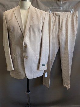 RALP LAUREN, Lt Brown, Cream, Polyester, Stripes - Vertical , 2 Buttons, Single Breasted, Notched Lapel, 3 Pockets,