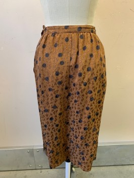Womens, 1980s Vintage, Skirt, ADOLFO, Brown, Black, Silk, Abstract , Circles, W:25, Knee Length, Pencil Skirt, 1" Wide Self Waistband, Double Pleats, Goes With Matching Top (CF017333)