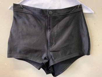American Apparel, Black, Nylon, Elastane, Solid, Mini Shorts, Flat Front, Zip Front, Back Pockets