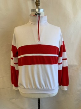 Mens, Shirt, ACTIVE WEAR, White, Red, Poly/Cotton, Color Blocking, XL, Ribbed Jersey Knit, Turtle Neck, Double Layer Neck, Zip Front, L/S, Ribbed Collar, Cuffs, Waistband