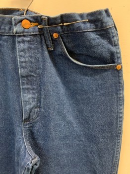 Mens, Jeans, WRANGLER, Denim Blue, Cotton, Solid, L32, W33, Zip Front, Button Closure, 5 Pockets, High Rise