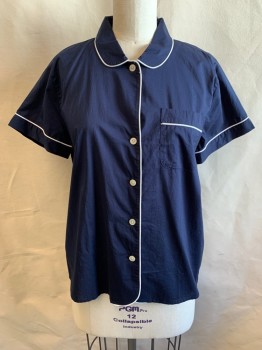 Womens, Blouse, J. CREW, Navy Blue, Cotton, L, Rounded Collar, Button Front, S/S, 1 Pocket, White Piping