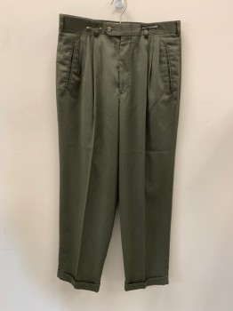 Mens, Pants, YSL, Dk Olive Grn, Polyester, Wool, 32/29, Side Pockets, Zip Front, Pleated Front, Cuffed