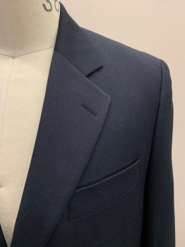 LANZA, Navy Blue, Wool, Solid, Single Breasted, 2 Bttns, Notched Lapel, 3 Pckts,