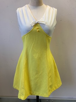 NO LABEL, Off White, Yellow, Polyester, Solid, Sleeveless, V Neck, 2 Buttons with Tie, Back Zipper,
