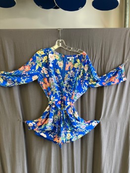 YUMI KIM, Multi-color, Silk, Polyester, Floral, Surplice Neckline, 3/4 Sleeve with Epaulets, CB Zipper Self Belt