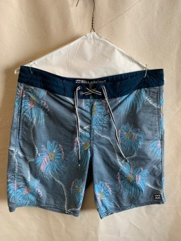 Mens, Swim Trunks, BILLABONG, Teal Blue, Dusty Blue, Dusty Pink, Poly/Cotton, Elastane, Tropical , Color Blocking, W30, Drawstring/Lace Up Waistband, 3 Pockets