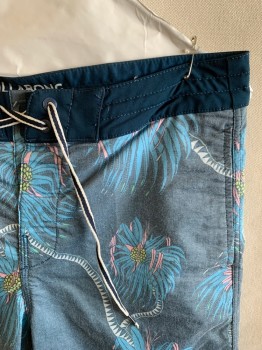Mens, Swim Trunks, BILLABONG, Teal Blue, Dusty Blue, Dusty Pink, Poly/Cotton, Elastane, Tropical , Color Blocking, W30, Drawstring/Lace Up Waistband, 3 Pockets