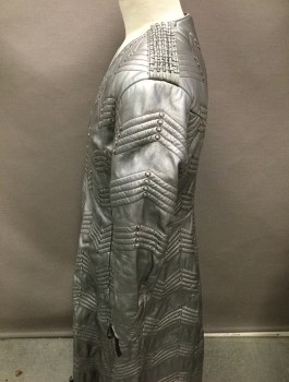 MTO, Silver, Leather, Metallic/Metal, Solid, Chevron, V-neck, Hook & Eyes Front Closure, Almost Floor Length, Long Sleeves, with Elastic Finger Stirrups, Shoulder Pads, Stitched and Pleated Epaulets, Horizontal  Zigzag Quilting and Metal Studs, Polyester Satin Lining, Soldiers, Guards, Ottoman, Multiple