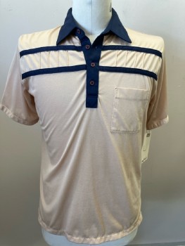 ROYALE- AIR, Beige with Navy H-stripes & Collar, 1 Patch Pocket,  S/S, Polyester