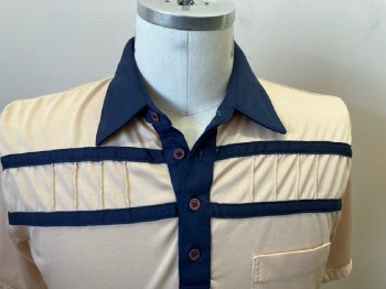 Mens, Polo Shirt, ROYALE- AIR, L, Beige with Navy H-stripes & Collar, 1 Patch Pocket,  S/S, Polyester