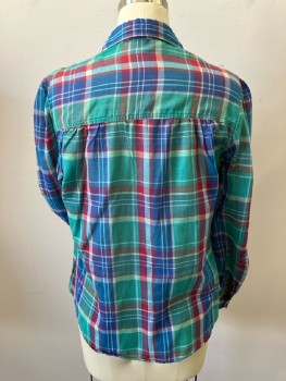 PIGALLE, Green/Blue/Red Plaid, Light Weight Poly Cotton, B.F., Rounded C.A., Gathers At Front/Back Yoke, Button Cuffs L/S, , 2 Flap Pckt,