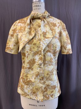 Womens, Blouse, NL, Yellow, Dijon Yellow, Multi-color, Polyester, Floral, B36, Round Neck, Tie Attached, Button Front, S/S, White Accents