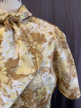 Womens, Blouse, NL, Yellow, Dijon Yellow, Multi-color, Polyester, Floral, B36, Round Neck, Tie Attached, Button Front, S/S, White Accents
