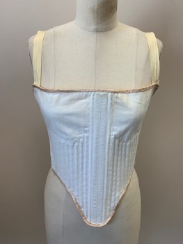 Womens, Historical Fiction Corset, NL, Off White, Blush Pink, Cotton, Solid, B: 32, Square Neckline, Pointed Center, Boning, Grosgrain Straps, Blush Satin Edging, Laced Back