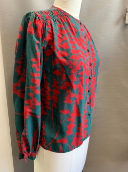 Womens, Blouse, N/L, Forest Green, Dk Red, Polyester, Leaves/Vines , B 42, Button Front, Long Sleeves, Smocked Shoulders, Crew Neck,