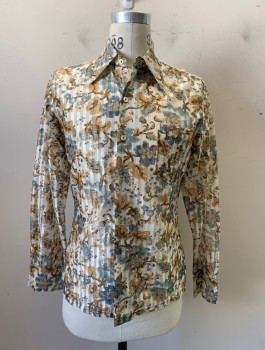 NL, Off White, Brown, Turquoise Blue, Tan Brown, Rayon, Floral, Stripes - Vertical , Button Front, C.A., L/S, Sheer, Mother of Pearl Buttons