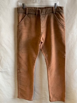 NL, Rust Orange, Cotton, Solid, High Waist, Button Front, Belt Loops, 2 Side Pockets, 1 Back Pocket Flap, Aged, Hole In Knee, Spots On Left Front Leg, Sueded Cotton