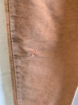 NL, Rust Orange, Cotton, Solid, High Waist, Button Front, Belt Loops, 2 Side Pockets, 1 Back Pocket Flap, Aged, Hole In Knee, Spots On Left Front Leg, Sueded Cotton
