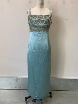 Paul Jones, Sea Foam Green, Gold, Silk, Solid, Sleeveless, Straight Neckline, Beaded and Embroiderred Chest, Flower Detail with Draping Loops, Mini Back Slit, Side Zipper