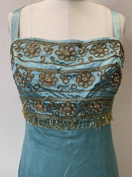 Paul Jones, Sea Foam Green, Gold, Silk, Solid, Sleeveless, Straight Neckline, Beaded and Embroiderred Chest, Flower Detail with Draping Loops, Mini Back Slit, Side Zipper