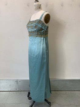 Womens, Evening Gown, Paul Jones, Sea Foam Green, Gold, Silk, Solid, W36, B32, Sleeveless, Straight Neckline, Beaded and Embroiderred Chest, Flower Detail with Draping Loops, Mini Back Slit, Side Zipper