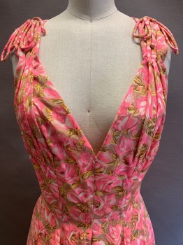 Gigi Young, Neon Pink, Yellow, Tan Brown, Beige, Polyester, Floral, Sleeveless, Shoulder Ties, V Neck, Pleated, Back Zipper with 3 Clip hooks