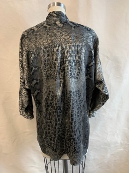 Womens, Jacket, YOU & ME...NATURALLY, Gray, Black, Polyester, Reptile/Snakeskin, 10, Open Front, Gathered Yoke, Band Collar,