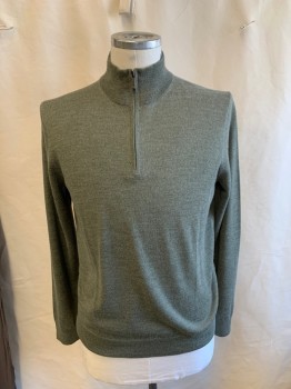 Mens, Pullover Sweater, SAKS FIFTH AVENUE, Sage Green, Wool, Acrylic, Heathered, L, Zip Mock Neck, Rib Knit, Cuff/collar/hem