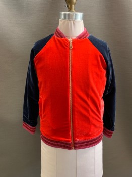 BODEN, Red, Dk Blue, Multi-color, Polyester, Elastane, Color Blocking, Glitter Pink And Red Striped Band Collar Cuffs, And Waistband, Velvet, Zip Front, 2 Pckts,