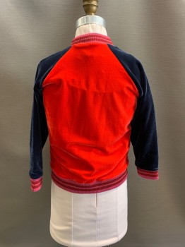 Childrens, Jacket, BODEN, Red, Dk Blue, Multi-color, Polyester, Elastane, Color Blocking, 6/7, Glitter Pink And Red Striped Band Collar Cuffs, And Waistband, Velvet, Zip Front, 2 Pckts,
