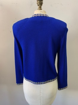 Womens, Cardigan Sweater, ST. JOHN, Primary Blue, Gold, Acrylic, Wool, Solid, 2, Blue Solid with Gold Twist Trim with Large Rhinestones, Zip Front, Long Gold Zipper with 7 Rhinestones, Shoulder Pads