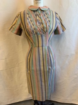 FITZ MAR, Tan Brown, Pink, Green, Lt Blue, Yellow, Cotton, Stripes, Pleated Bib, Peter Pan Collar, Short Sleeves with Cuffed Sleeved, 5 Pearl Like Buttons, Pleated Skirt, Zip Back, 2 Pockets, Belt Loops *Mending on Right Armscyes and Back of Skirt*