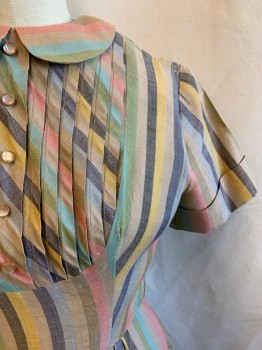 FITZ MAR, Tan Brown, Pink, Green, Lt Blue, Yellow, Cotton, Stripes, Pleated Bib, Peter Pan Collar, Short Sleeves with Cuffed Sleeved, 5 Pearl Like Buttons, Pleated Skirt, Zip Back, 2 Pockets, Belt Loops *Mending on Right Armscyes and Back of Skirt*