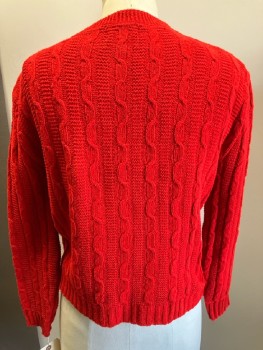 Womens, Sweater, HELEN SUE, B 34, Red Acrylic Cable Knit Cardigan, L/S, CN,