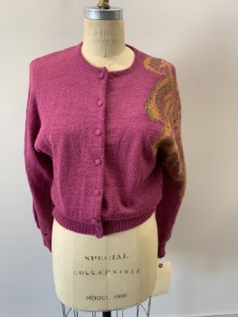 Womens, Sweater, THE BROADWAY, Fuchsia Pink, Tan Brown, Sage Green, Acrylic, Nylon, Solid, Novelty Pattern, B 36, M, L/S, Cardigan, Pattern On Shoulder, Covered Buttons