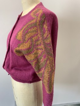 THE BROADWAY, Fuchsia Pink, Tan Brown, Sage Green, Acrylic, Nylon, Solid, Novelty Pattern, L/S, Cardigan, Pattern On Shoulder, Covered Buttons