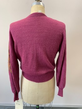 THE BROADWAY, Fuchsia Pink, Tan Brown, Sage Green, Acrylic, Nylon, Solid, Novelty Pattern, L/S, Cardigan, Pattern On Shoulder, Covered Buttons