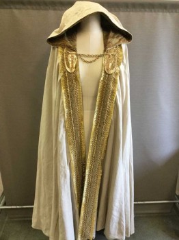 Unisex, Sci-Fi/Fantasy Cape/Cloak, MTO, Gold, Champagne, Bronze Metallic, Linen, Silk, O/S, Champagne and Gold Linen Cape with Hood, Gold Beads, Lace, and Fringe Down Center Front, 2 Gold Metal Snakes, Gold Chain Draped Between the Snakes, Inner Leather Straps to Tie Cape to the Body, Cape Lined in Embroidery Waves On Bronze, Egypt, Fantasy,