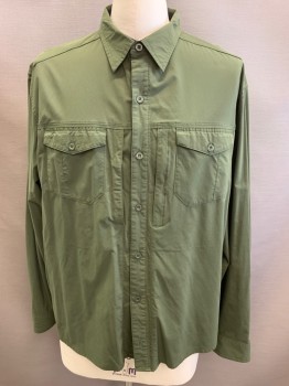 Mens, Casual Shirt, COLUMBIA, Olive Green, Nylon, Elastane, Solid, XL, Button Front, Collar Attached, Long Sleeves, 2 Flap Pockets, 2 Hidden Pockets, Outdoor Sport