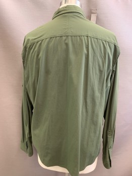 Mens, Casual Shirt, COLUMBIA, Olive Green, Nylon, Elastane, Solid, XL, Button Front, Collar Attached, Long Sleeves, 2 Flap Pockets, 2 Hidden Pockets, Outdoor Sport